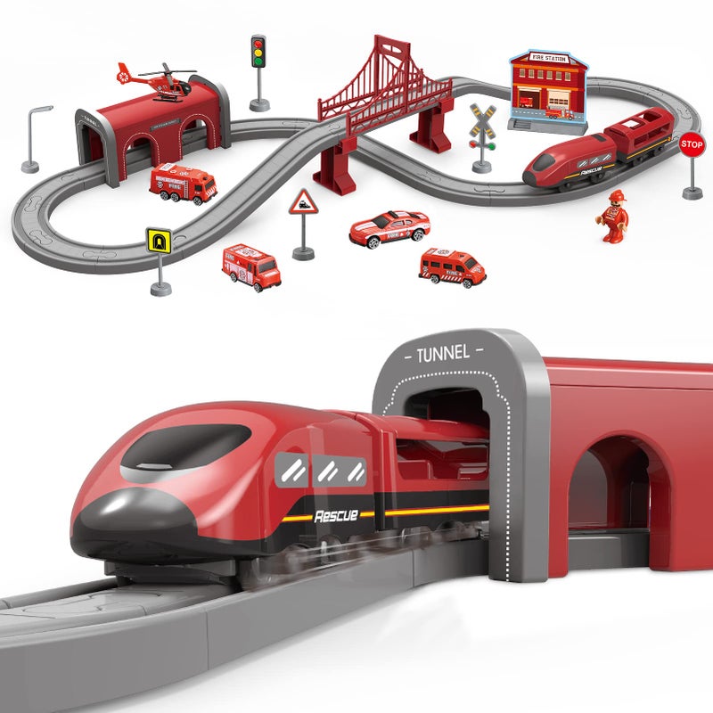 Wdmiya Train Sets for Boys 4-7  66 Pcs Battery Operated Train Set with Tracks(Magnetic Connection)  Compatible with Thomas  Brio  Chuggington  Gifts for 3 4 5 6 Years Old (66pcs Fire Truck) - Image 1